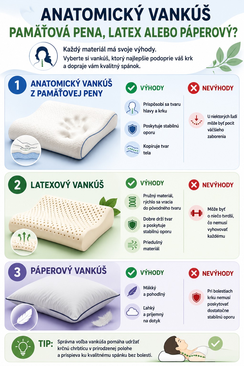 Porovnanie anatomického vankúša z pamäťovej peny, latexového vankúša a páperového vankúša